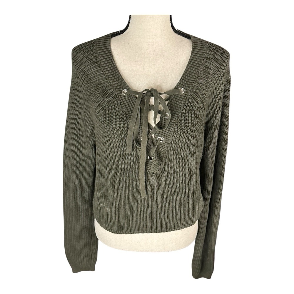 Kendall & Kylie Women Medium‎ Pullover Green Sweater Tie Front Long Sleeve Knit